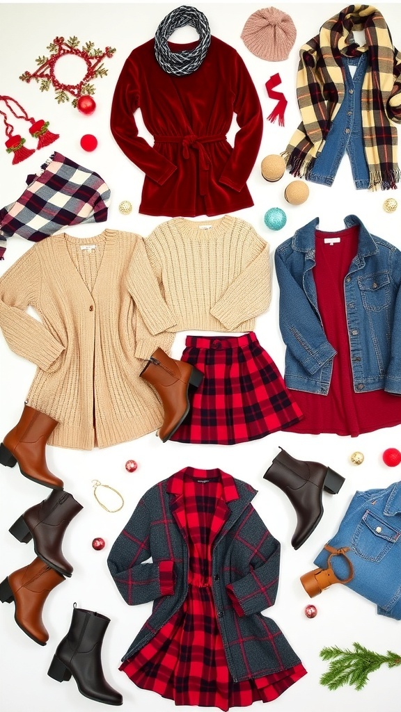 Flat lay of Christmas outfits with aesthetic boots and accessories.
